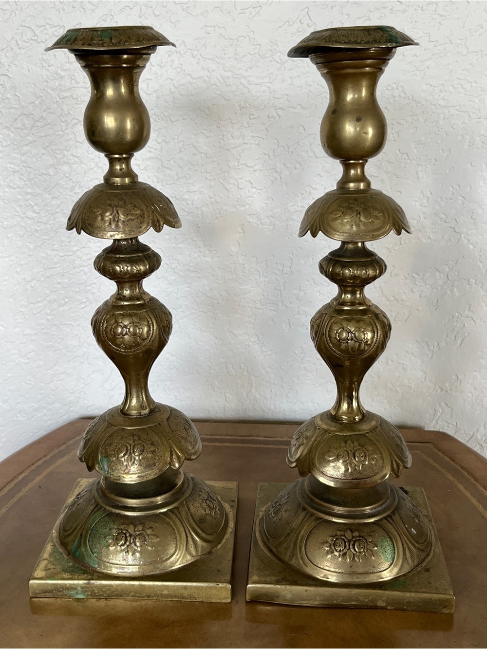 Antique Fraget N Plaque Renaissance Sabbath Brass Gilt Candlesticks Matching Set